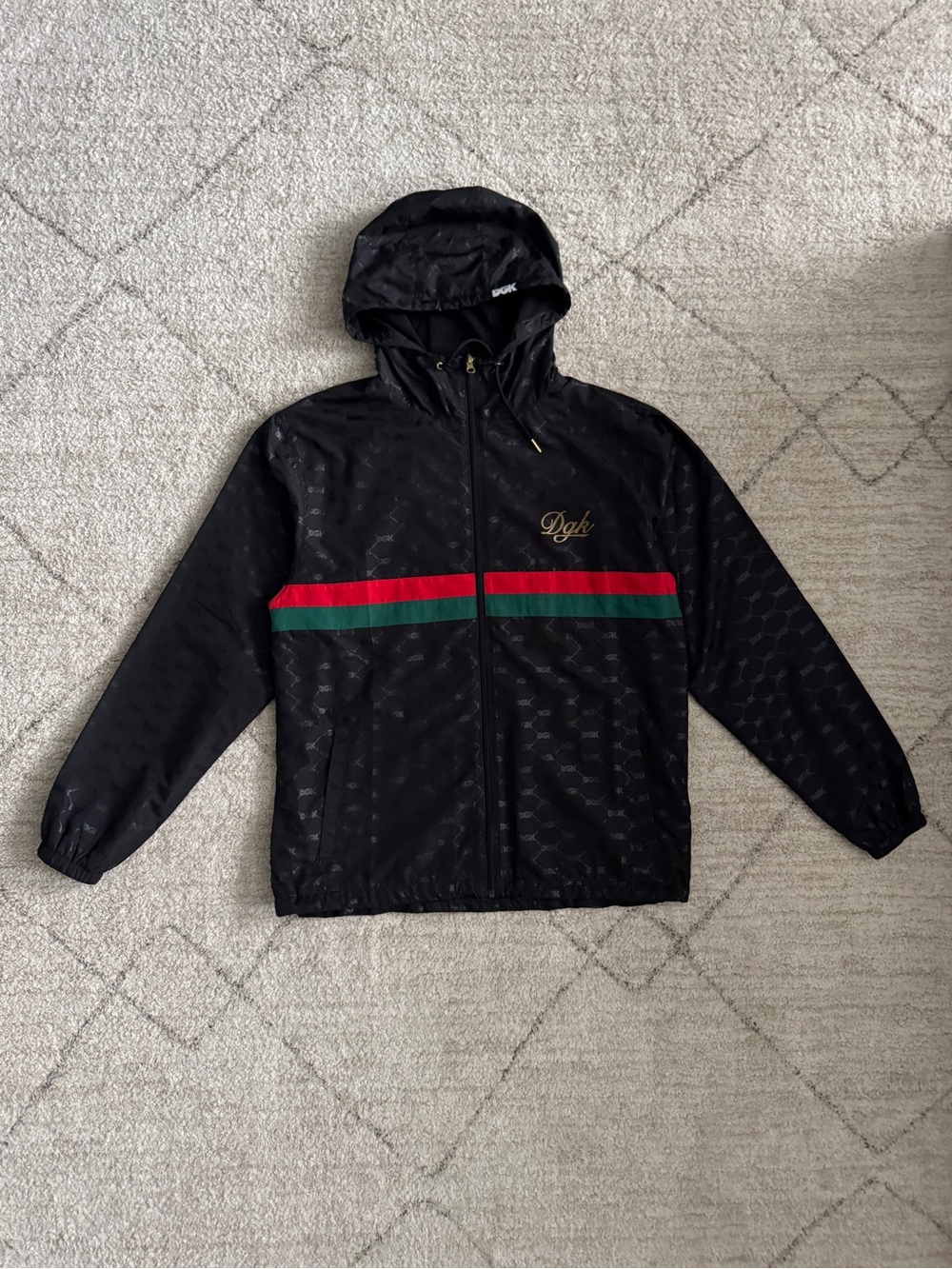 DGK Black Hooded Windbreaker with Red & Green Chest Stripes